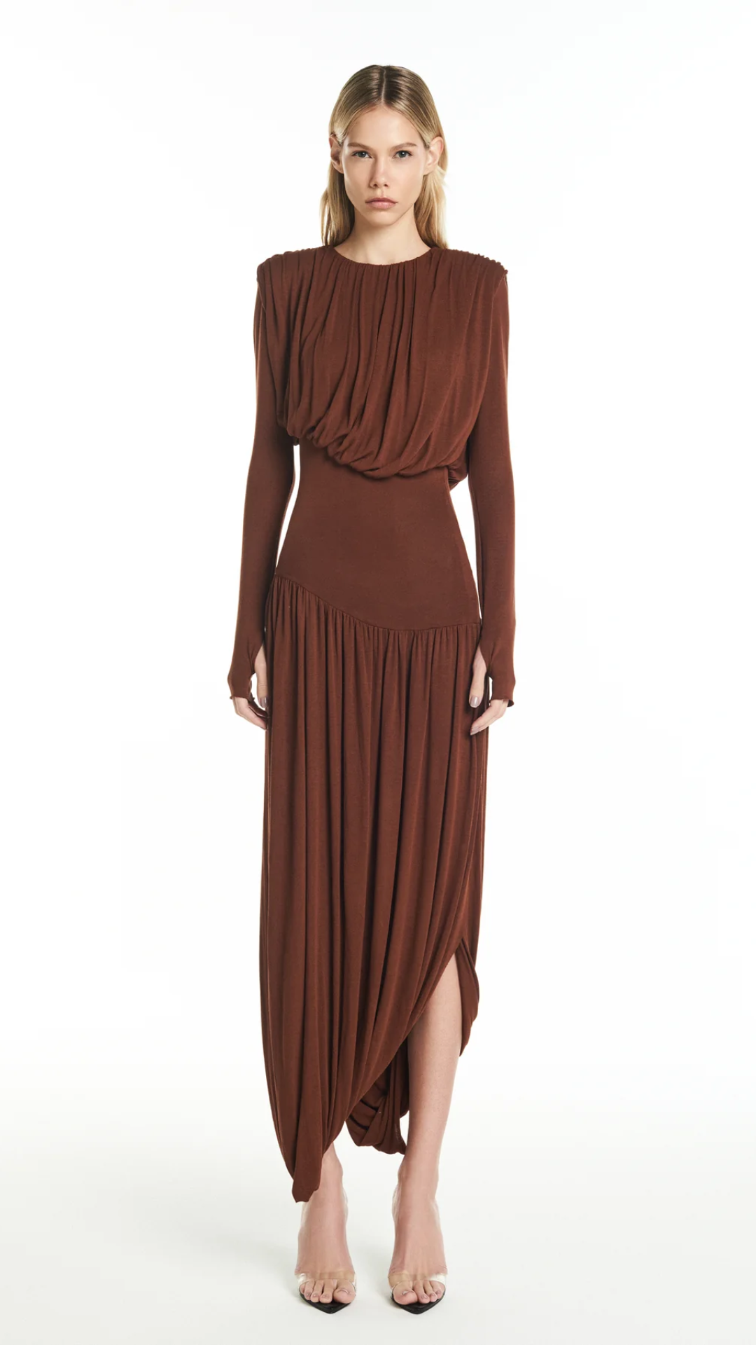 Vestido Longo Manga Longa Drapeado Marrom