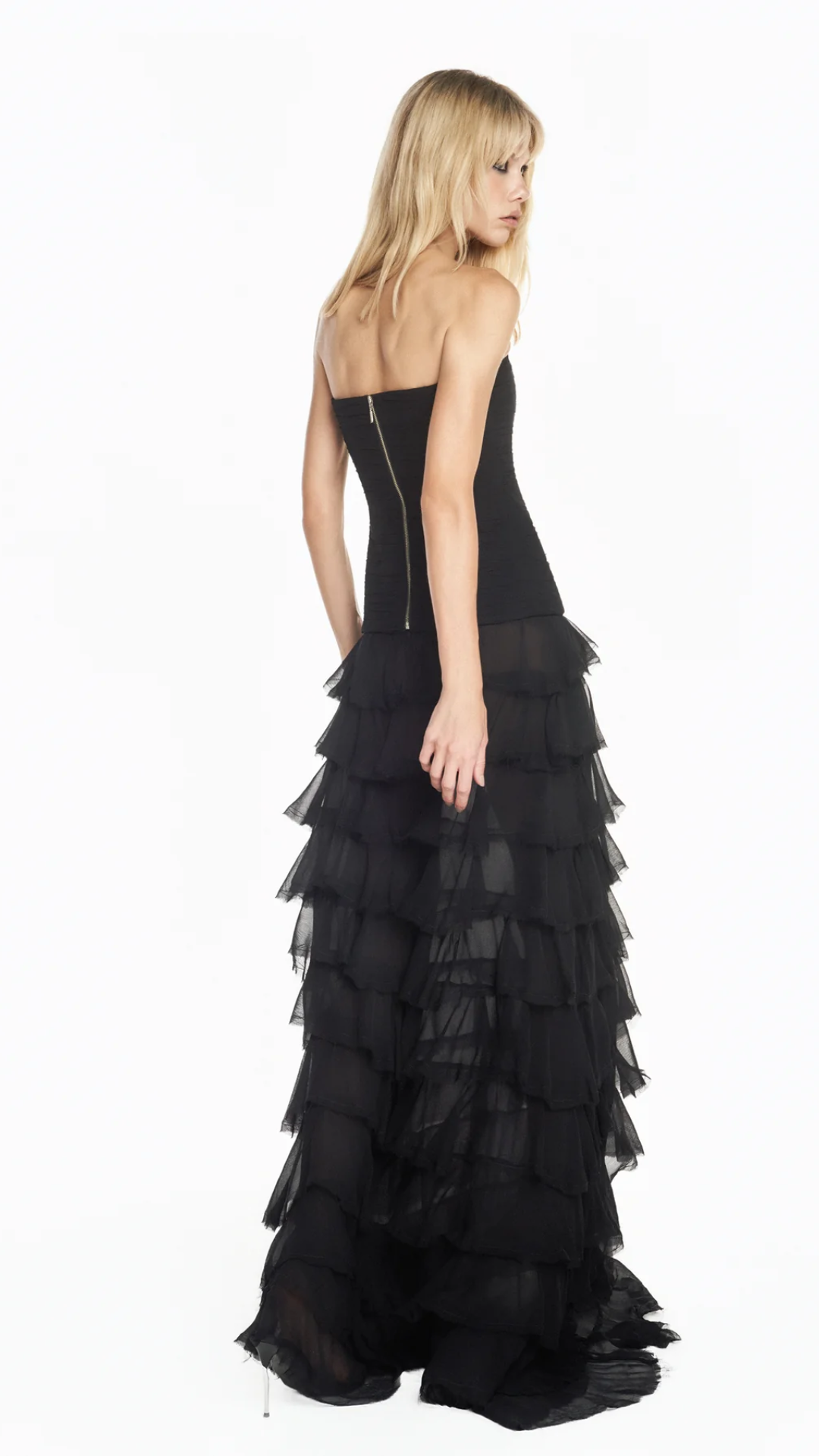 Saia Longa Babados Chiffon Preto